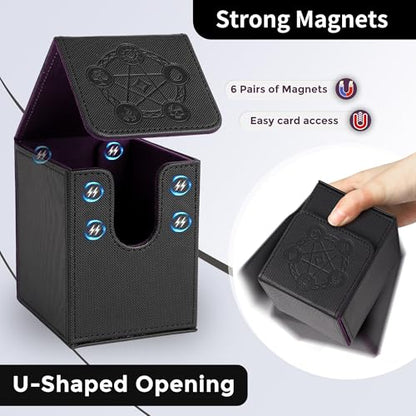 Card Deck Box with 2 Dividers, MTG Commander Deck Box Holds 100+ Double-Sleeved Cards, Leather Magnetic Deck Case Compatible with Magic TCG CCG Cards, Black - color: 2. Black 05, size: 100 Double-sleeved Cards Vertical