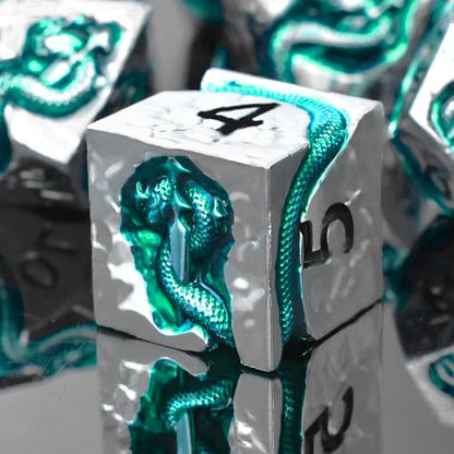 RULE DICE Metal DND Dice Set for Dungeons and Dragons - Polyhedral D&D Dice Set with Green Serpent Design - Balanced D&D Dice for RPGs, TTRPGs - Heavy Duty Zinc Alloy Construction 7 Dice Set - color: Ld-silver Black