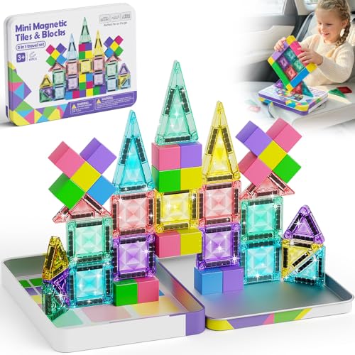 Travel Magnetic Tiles Building Set 60 PCS Transparent 3D Magnetic Blocks with Construction Board STEM Educational Building Toys for Boys & Girls Ages 3-12 (3 in 1 Compatible) - style: 3 in 1 Compatible