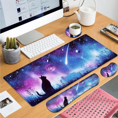 Large Gaming Mouse Pad+ Keyboard Wrist Rest Set, Ergonomics Memory Foam Mouse Mat Wrist Rest Support for Home Office, Waterproof Extended Mousepad 31.5x11.8in, Black Cat Starry Night Desk Pad - color: Yvb-mousepad-9-f-158