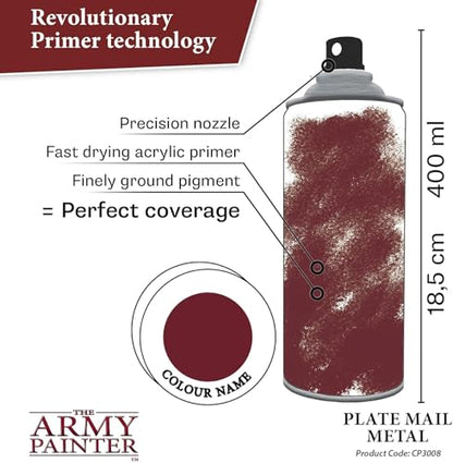 The Army Painter, Colour Primer Plate Mail Metal, 400 ml spray acrilico | Primer grigio metallico per dipingere miniature Warhammer e Dungeons and Dragons - color: Plate Mail