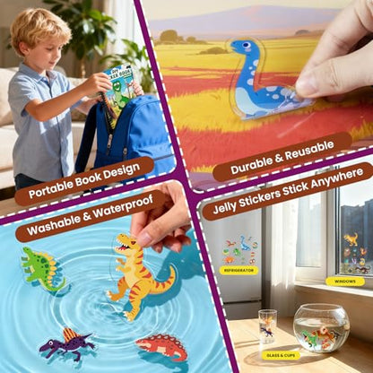 Dinosaur Reusable Sticker Book for Toddlers, DIY Make-a-face Jelly Stickers | Make A Face & Scene Decoration Play, Washable and Reusable Jelly Stickers, Portable Travel Friendly, Airplane Trip Essentials - style: Dinosaur