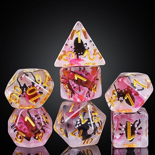 Cusdie 7-Die DND Dice, Polyhedral Dice Set Filled with Animal, for Role Playing Game D&D Dice (Black Spider) - color: Black Spide