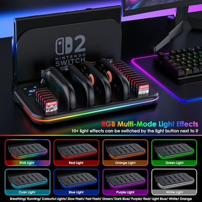 Charging Dock for Nintendo Switch 2 Joy Con, RGB Docking Station for Joycons Controller, Switch 2 Accessories with 18 Game Card Slots - size: 6FT