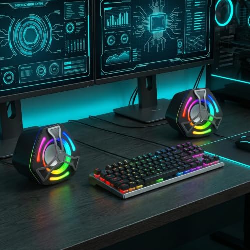 1 Pair Computer Speakers, Portable Mini PC Speakers, Desktop Gaming Speaker with Subwoofer, RGB Colorful Lights, Dual Volume, USB Powered, 3.5mm Aux Input, Stereo Surround Sound