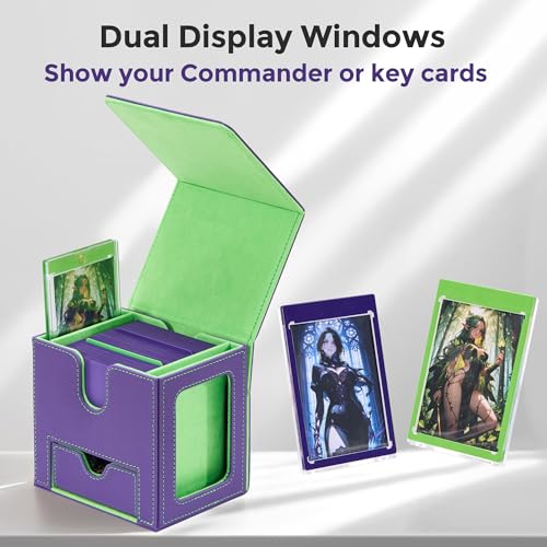 MTG Commander Deck Box with Dual Display Windows and Dice Tray | Fits 100 Double-Sleeved Cards, PU Leather, 2 Magnetic Card Holders, 2 Dividers, Purple & Neon Green - color: 1. Purple & Neon Green
