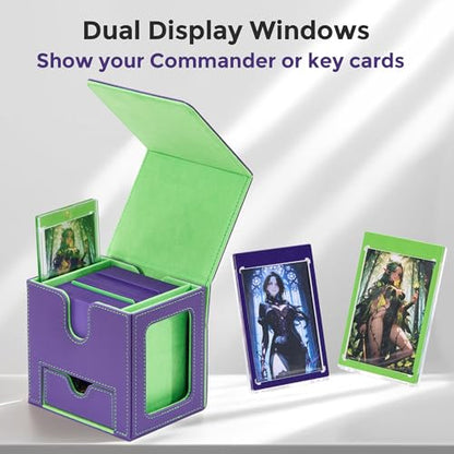 MTG Commander Deck Box with Dual Display Windows and Dice Tray | Fits 100 Double-Sleeved Cards, PU Leather, 2 Magnetic Card Holders, 2 Dividers, Purple & Neon Green - color: 1. Purple & Neon Green