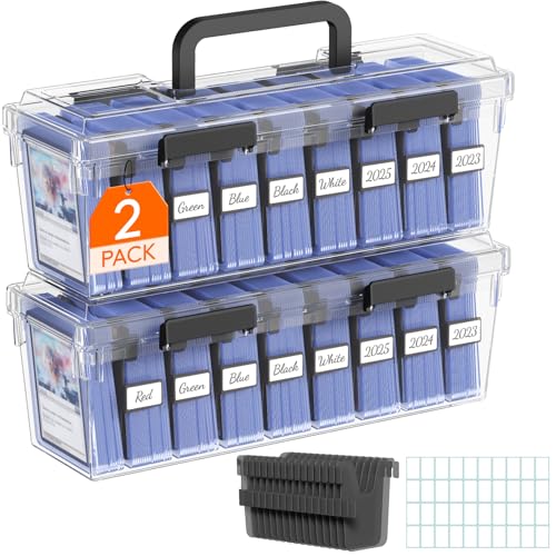 Lifewit Trading Card Storage Box fit for Toploader, Stackable Reinforced Latch Case with 8 Adjustable Dividers, Writable Labels, Organizer for MTG TCG Sports Baseball Bulk Cards, 2 PCS