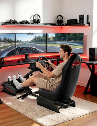 RACGTING Foldable Racing Simulator Cockpit with Leather Seat, Built for Stable Braking & Immersive Home Racing, Compatible with Logitech, Thrustmaster, Fanatec, MOZA