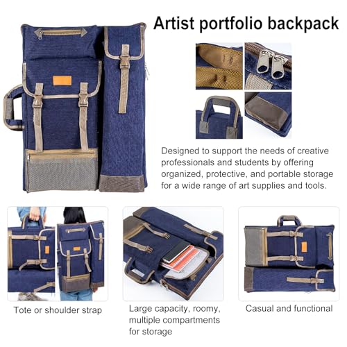 TRANSON Art Portfolio Case Artist Backpack Canvas Bag Large 26” x 19.5” - color: Navy Blue