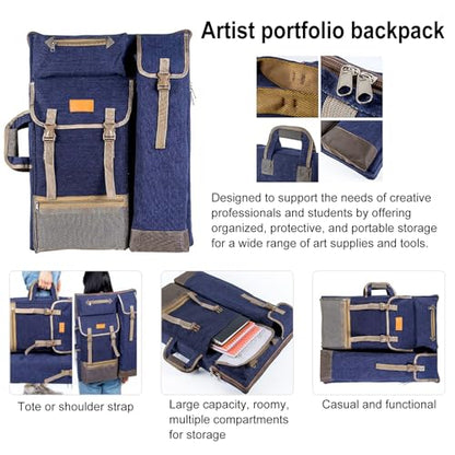 TRANSON Art Portfolio Case Artist Backpack Canvas Bag Large 26” x 19.5” - color: Navy Blue