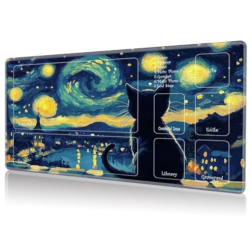 Playmat for MTG, Game Play Mat for MTG TCG 24 x 14 inches Trading Card Game Playmats with Zones Non-Slip Rubber Base and Stitched Mousepad Desk Mats, Starry Night Black Cat - color: Starry Night Black Cat, size: Zones