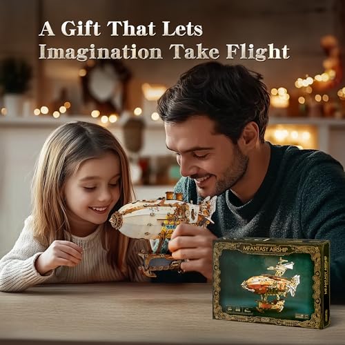 FUNPOLA LED 3D Wood Puzzle Fantasy Airship Model - Steampunk DIY Craft Kit with LED Lights – Intricate Wooden Airship Model Building Set for Adults(White) - color: White