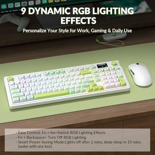 L98 Wireless Gaming Keyboard Green Cute Creamy Keyboard with Number Pad, Tri-Mode BT5.0/2.4GHz/USB-C, RGB Backlit, Quiet Office Computer Keyboards for PC Mac Laptop (Green White)