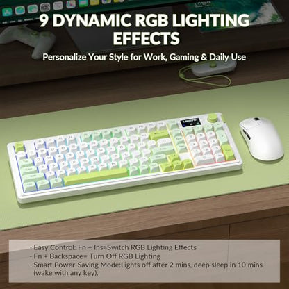 L98 Wireless Gaming Keyboard Green Cute Creamy Keyboard with Number Pad, Tri-Mode BT5.0/2.4GHz/USB-C, RGB Backlit, Quiet Office Computer Keyboards for PC Mac Laptop (Green White)