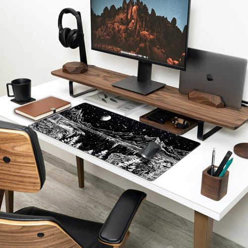 Black and White Desk Mat Dark Nature Forest Mouse pad XXL Starry Night Mountain Desk pad Aesthetic Moon and Stars Mousepad XXL for Laptop Computer Mouse Gaming Keyboard Mat, 31.5 X 15.8 in - color: Night Painting