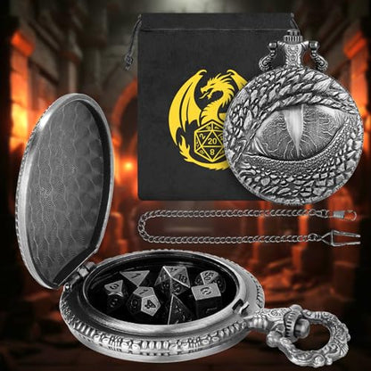Mini DND Dice Set with Retro Dragon's eyes Pocket Watch Shell Case, DND Starter Set, 7pcs Polyhedral Mini Metal Dice Set, D&D Gifts with Gift Bag, Role Playing Board Game Accessories, Dark Silver - color: Dark Silver