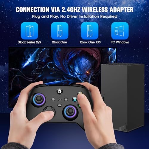 Moonag Wireless Controller for Xbox, Compatible with Xbox Series X/S/One/PC, With 2 Silicone Thumb Grips, Hall Effect Joysticks, 2.4GHz Wireless Adapter Gamepad with RGB Light, Dual Vibration, TURBO - color: Black