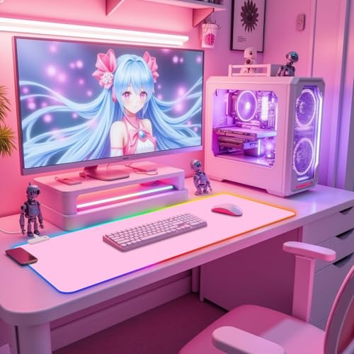 RGB Mousepad Led Mouse Pad Desk Mat I 31.5 x 11.8 Inch Large Mouse Pad I XL Oversized Big Mouse mat 14 Led Light Modes I Anti-Slip Rubber Base Waterproof Keyboard Pad for PC Gaming I Solid Pink - color: Solid Pink
