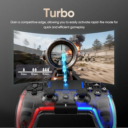 BETMI Wireless Controller for PS5, Pro/Slim/MAC/Steam Deck/PC (Transparent) | Hall Effect Joysticks,Dual Vibration, Marco/Turbo, 3.5mm Audio Jack, 6-Axis Gyro, LED Gamepad with Speaker, L Red R Blue