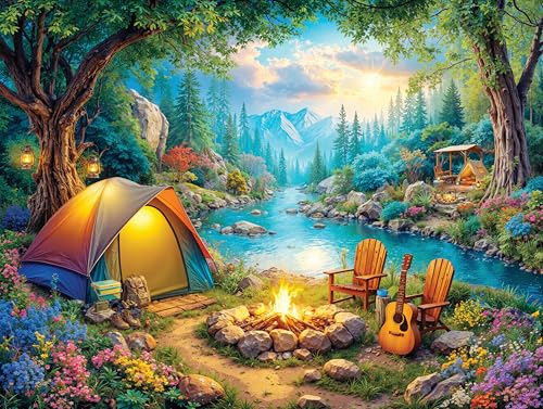 1000 Piece Jigsaw Puzzle for Adults - Tent Camping by the River - Challenging Puzzle Perfect for Game Nights - 1000 Piece for Adults. 20x27 inches - Hiking and camping in the mountains - Campfire Calm - color: Campfire Calm