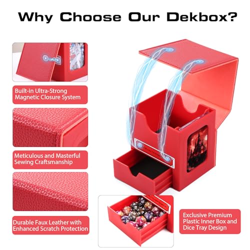 Patented MTG Commander DekBox, 100+ Double Sleeved Card Storage Box with Dice Tray, 35pt Card Holder & 2 Dividers - Magnetic Deck Case for TCG/CCG/Magic/Sports Cards, Red - color: RED