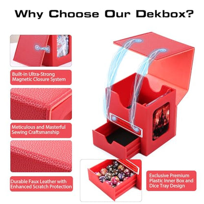 Patented MTG Commander DekBox, 100+ Double Sleeved Card Storage Box with Dice Tray, 35pt Card Holder & 2 Dividers - Magnetic Deck Case for TCG/CCG/Magic/Sports Cards, Red - color: RED