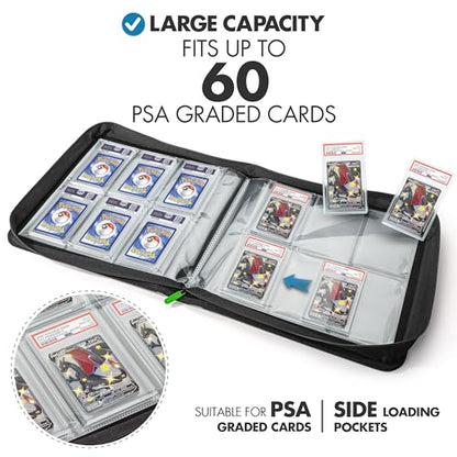 FunGuys Graded Card Binder, 60 PSA Slab Holder, 6 Pocket Graded Card Storage, Slab Binder, PSA Card Graded Display Case Album, Zipper Binder, MTG Card Binder - color: Black and Black