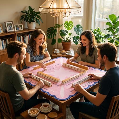 Mahjong Mat 31.5x31.5 inches – Quiet, Foldable Table Mat for Mahjong, Card Games & Board Games, 3-Layer Noise-Reducing Design, Waterproof & Easy-Clean, Includes Storage Bag (Pink - Wavy Edge) - color: Pink - Wavy Edge