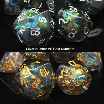 Haxtec Black DND Dice Set, 7 Pcs Iridescent Resin Polyhedral RPG Dice | Role Playing Games Dice with Velvet Pouch, Rounded Edge, Compatible with Dungeons and Dragons, Gifts for D&D Lovers - color: Black Green Silver