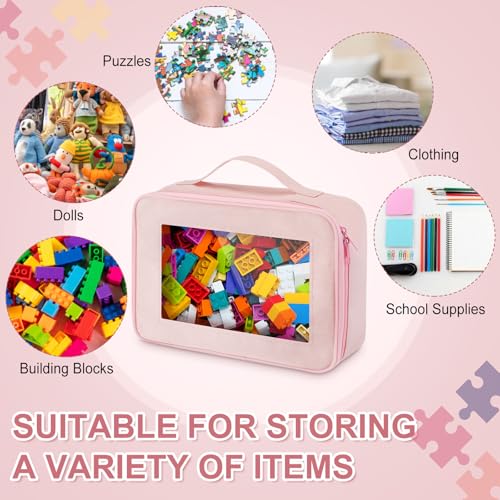 Abbylike 8 Pack Toys Storage Bags with Handle and Clear PVC Window, Classic Bricks Building Set Organization Bags, Car Toy Traveling Carrying Case for Puzzles Board Games Building Blocks(Pink) - color: Pink