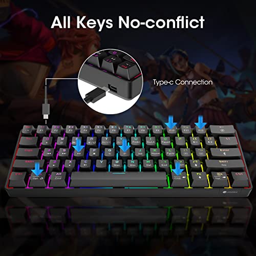 KOORUI 60% Gaming Keyboards, 61 Keys Wired Ultra-Compact Mechanical Keyboard 26 RGB Backlit with Red Switch Mini Keyboards for Windows MacOS Linux - color: Blue Switch