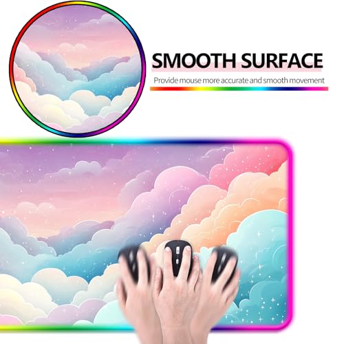 RGB Dreamy Colorful Cloud and Star Gaming Desk Mat, Computer Keyboard Large Extended Long Girly LED Mouse Pad for Office and Home, XL (W08) - color: Rgb-w08