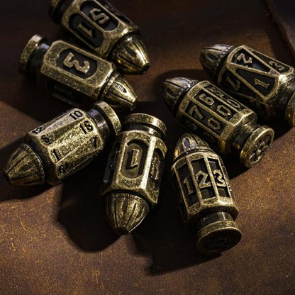 UDIXI Metal DND Bullet Dice Set, Polyhedral Bullet Metal Dice Set Bronze | 7PCS, Cool Style, Magazines Container and PU Leather Bag, for D&D Dungeons and Dragons Role Playing Games and Tabletop Games - color: Bronze
