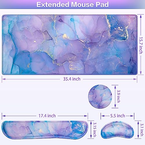 4-in-1 Mouse Pad with Wrist Rest Set Purple,35.4×15.7in Large Gaming Mouse Pad+Keyboard Wrist Rest+Wrist Mousepad+Cup Pad,Ergonomic Mouse Pads,Anti-Slip,Waterproof Keyboard Pad for Home Office - color: Purple Blue Marble