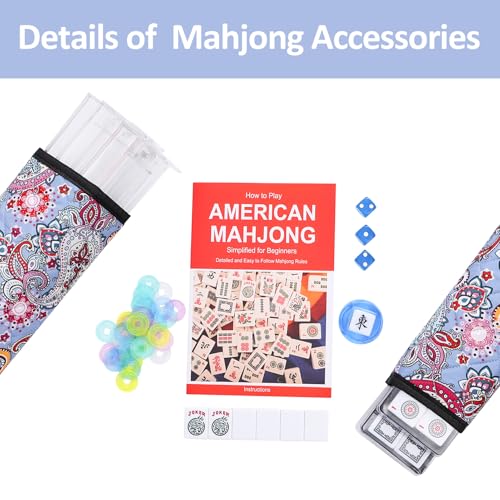 American Mahjong Game Set, 166 White Tiles, 4 Transparent All-in-One Rack/Pushers, Complete Mahjong Tile Set, Blue-Red Printed Carrying Bag - color: Blue-red