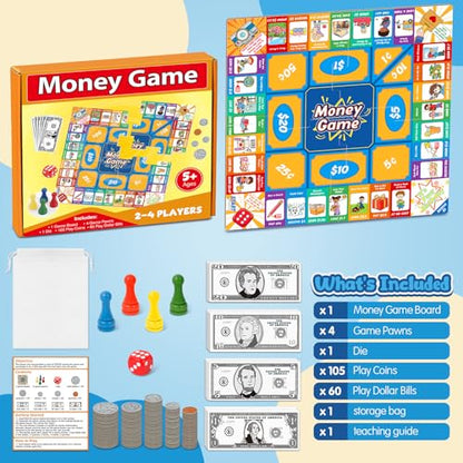 Torlam Money Board Games for Kids, Coins and Bills Toddler Pretend Play Toys, Money for Kids Learning Education Kindergarten Math Games Math Manipulatives, Homeschool Supplies Classroom Must Haves