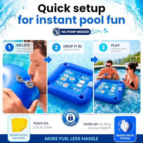 LUMARA Floating Table for Pool with Waterproof Playing Cards, Pool Games for Adults, 4 Cup Holders, Drinks and Snacks Tray, Hot Tub Party Accessory