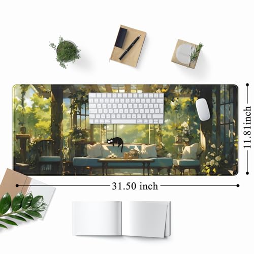 Cute Cat Desk Mat Green Plants Aesthetic Desk Pad Anime Kawaii Gaming Mouse Pad Large Mousepad Extended XL Laptop Keyboard Mouse Mat 31.5"x11.8" with Stitched Edges Non-Slip Rubber Base - color: Cute Cat