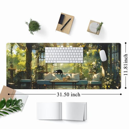Cute Cat Desk Mat Green Plants Aesthetic Desk Pad Anime Kawaii Gaming Mouse Pad Large Mousepad Extended XL Laptop Keyboard Mouse Mat 31.5"x11.8" with Stitched Edges Non-Slip Rubber Base - color: Cute Cat