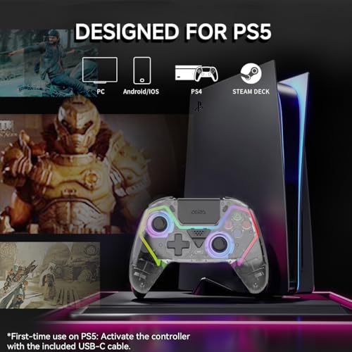 ASRVA Wireless Controller for PS5/PS5 Pro/PC, Hall Effect Joysticks & Triggers (No Drift), 2 Back Buttons, RGB, Translucent Design, Dual-Mode, Compatible with iOS/Android - color: Translucent