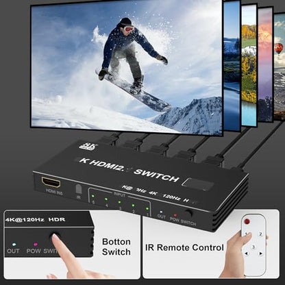 8K HDMI Splitter HDMI Switch 4K 120Hz - 5 in 1 Out hdmi switcher 8K 60Hz 4K 120Hz Splitter with Remote 3D HDR10+ HDCP 2.3 CEC, Use for PS5/4/3 Xbox Nintendo Switch DVD Roku Apple TV Fire Stick PC