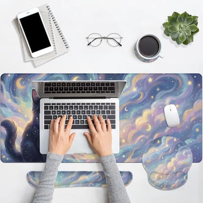 Britimes Starry Clouds Keyboard Mouse Pad Set Whimsical Cat 4in1 Large Mousepad+Keyboard Wrist Rest+Mouse Wrist Rest+Coaster Ergonomic Design for Home Office Computer 35.4x15.7 inches - color: Starry Clouds and Cat