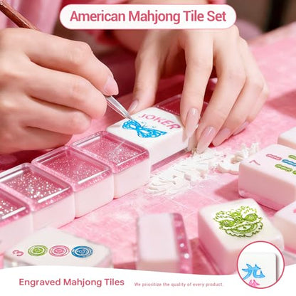 American Mahjong Tile Set, 166 Tiles (1.2”), Cute Mini Tiles-Starlight Pink | Mahjong Tile Set with Carrying Bag, Dice, Mat, Portable Travel Complete Game Set for Home Outdoor Enthusiast Gift - color: Starlight Pink
