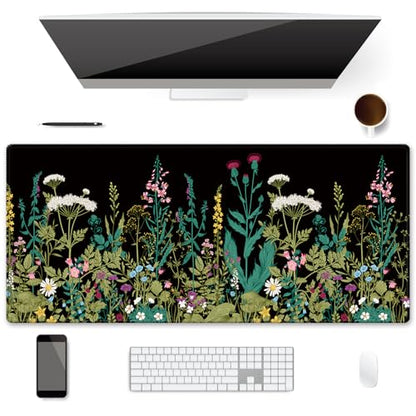 XXL Waterproof Office Desk Pad Protector 35.4x15.7 Inch - Extended Gaming Mouse Pad with Non-Slip Rubber Base, Thickened Keyboard Mat, Stitched Edges & Weeds Design - color: A-black