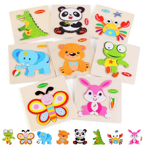 Wooden Puzzles for Toddlers 1-3, Pack of 8 Toddler Animal Puzzles Ages 2-4, Montessori Educational Animals Jigsaw Puzzles Christmas Birthday Gift for Baby Girl Boy Ages 1 2 3 4 Year Old - color: Animal Puzzle Set