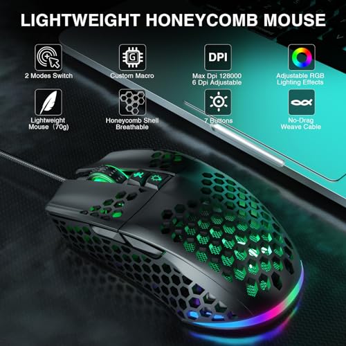 SOLAKAKA SM900 Gaming Mouse Wired with RGB,Honeycomb Shell,12800 DPI Wired Gaming Mouse with Buttons,Computer Mouse for Laptop/PC,Black - color: black