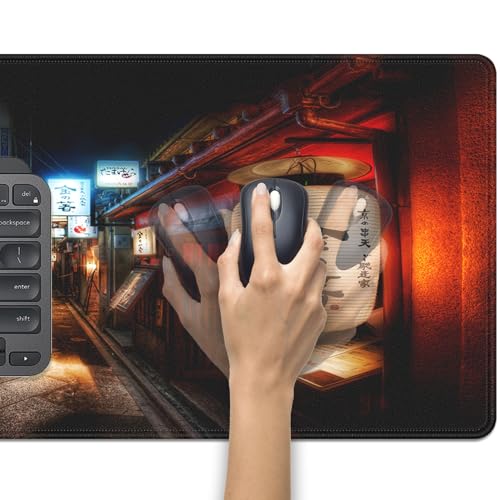 Japanese Street Lantern Large Mouse Pad Desk Pad, 27.5x11.8in Tokyo Night Scene Extended Keyboard Mousepad with Stitched Edges, Non-Slip Waterproof Rubber Base for Office, Computer, Laptop & Home - color: Japanese Street Scene at Night