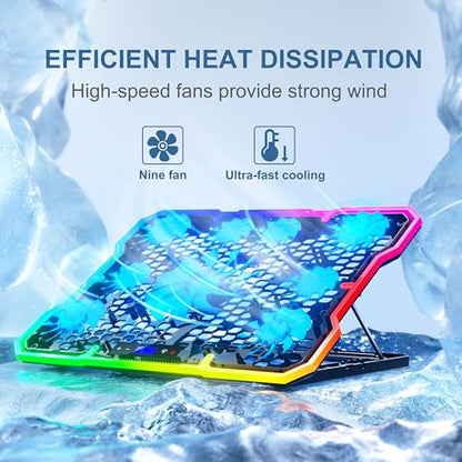 Laptop Cooling Pad, MOOJAY Laptop Cooler with 9 Quiet Fans for 14-19 Inch Notebook Computer, Gaming Laptop Fan Cooling Stand with 6 Adjustable Speeds and 10 RGB Light Modes, 2 USB Ports & Phone Holder