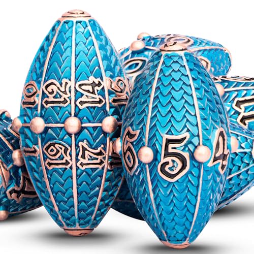 ARUOHHA DND Metal Dice Copper Blue Dragon Egg Dice with Metal Box, Role Playing Game RPG Polyhedral D and D Dice Set D20 D12 D10 D8 D6 D4 - color: Copper Blue-02